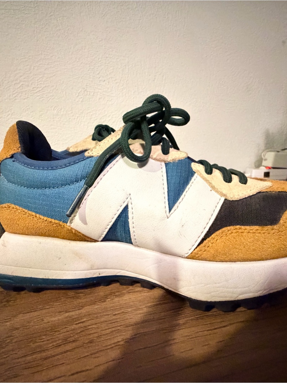 New Balance Sneakers in Blue, White & Tan with Dark Green Laces